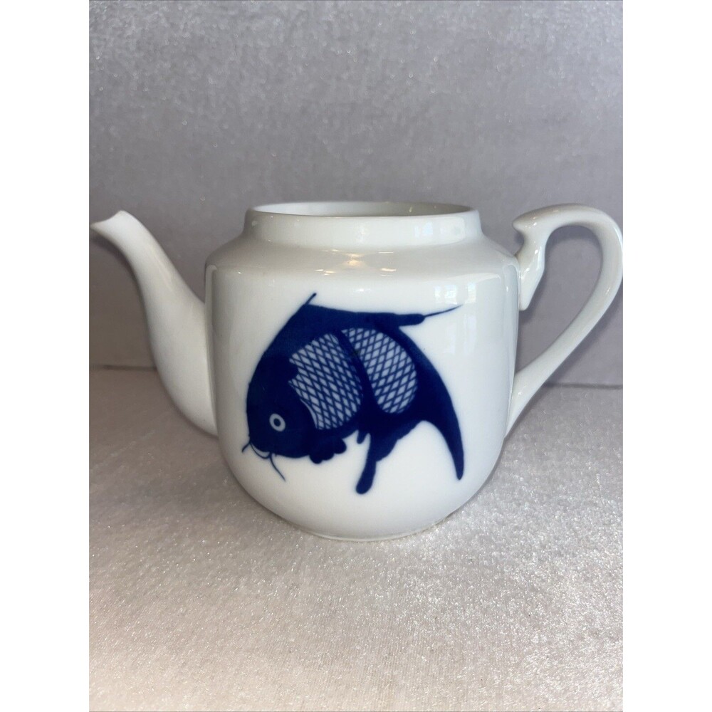 Misty Rose Vintage Koi Teapot Super White China Cobalt Blue